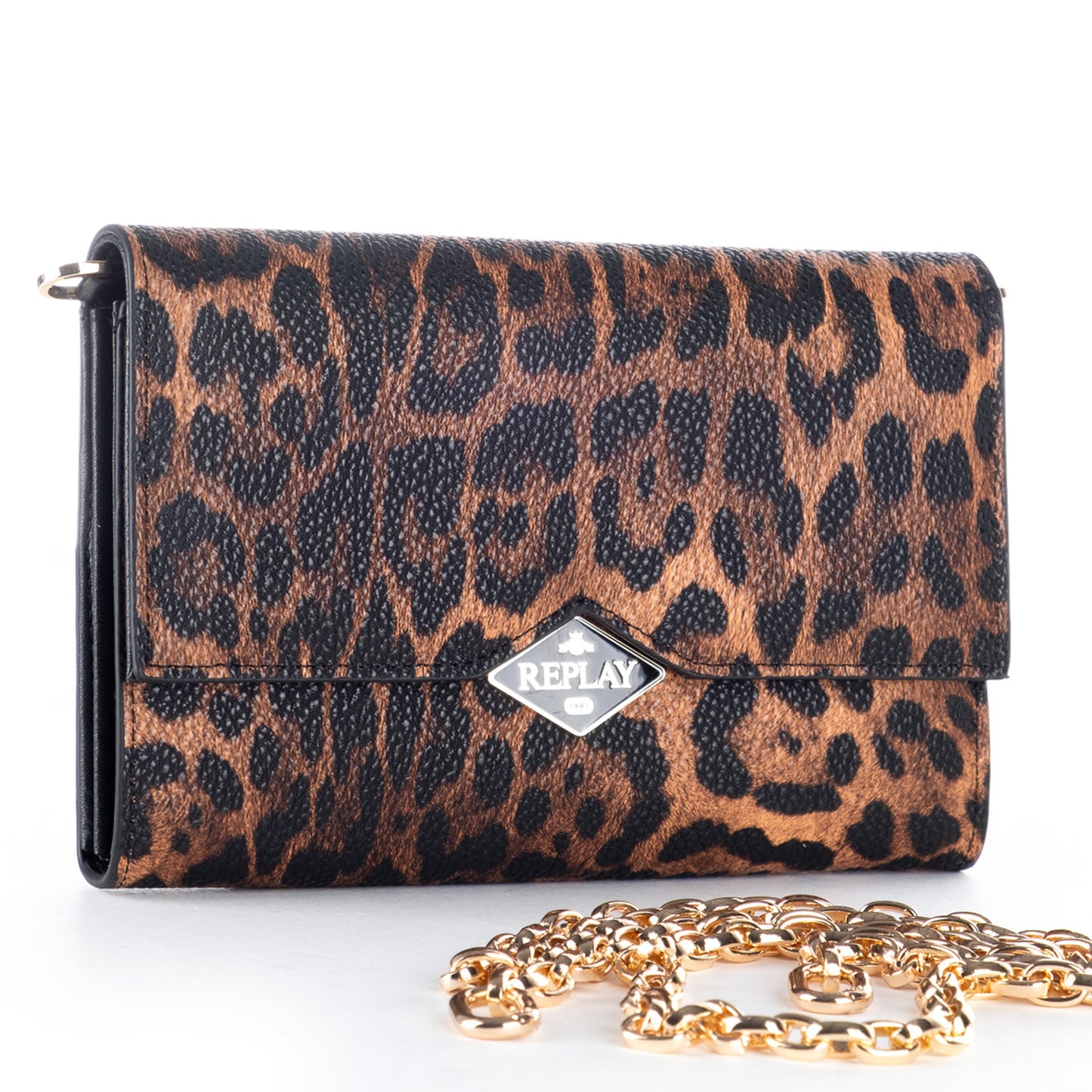 Bolsa Clutch Replay Castanha com Padrão Animal Print e Corrente Dourada