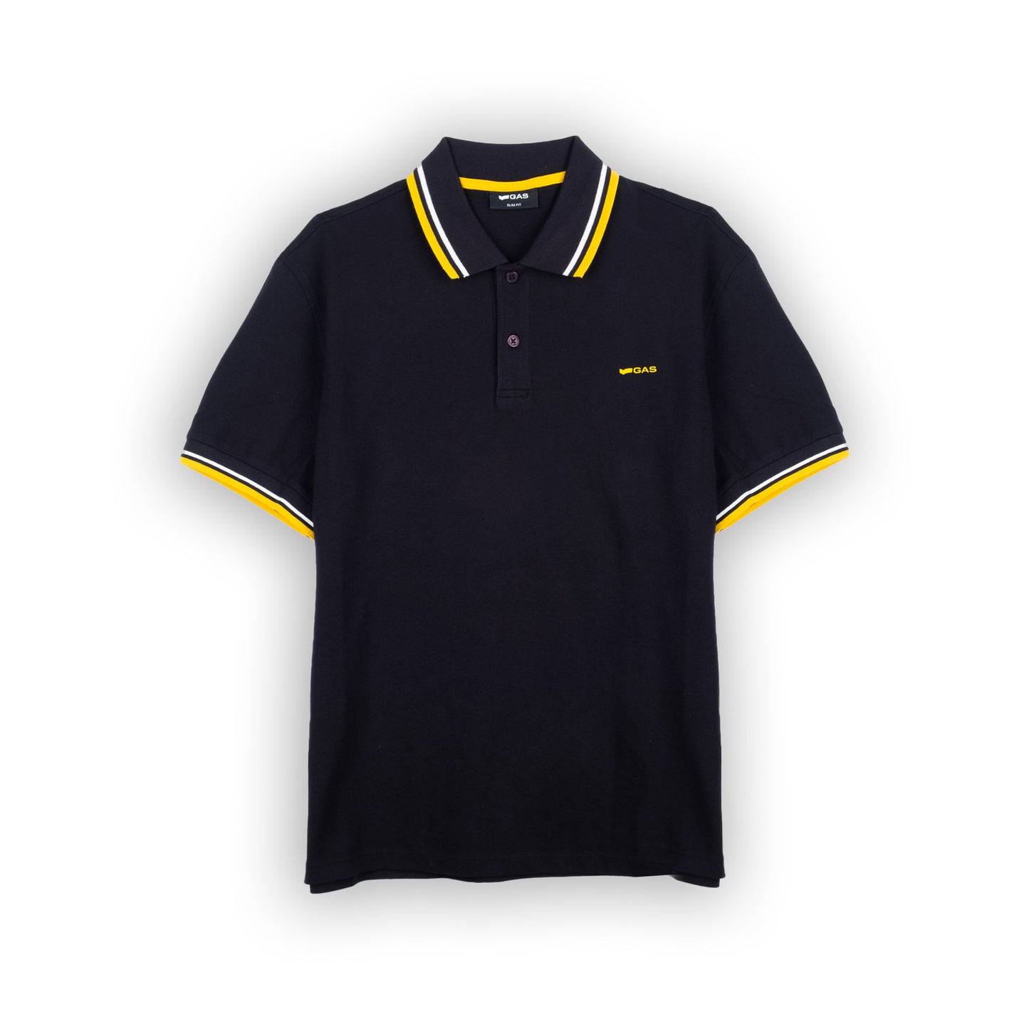 Polo Homem GAS Azul Marinho com Detalhes Contrastantes Amarelos na Gola e Mangas