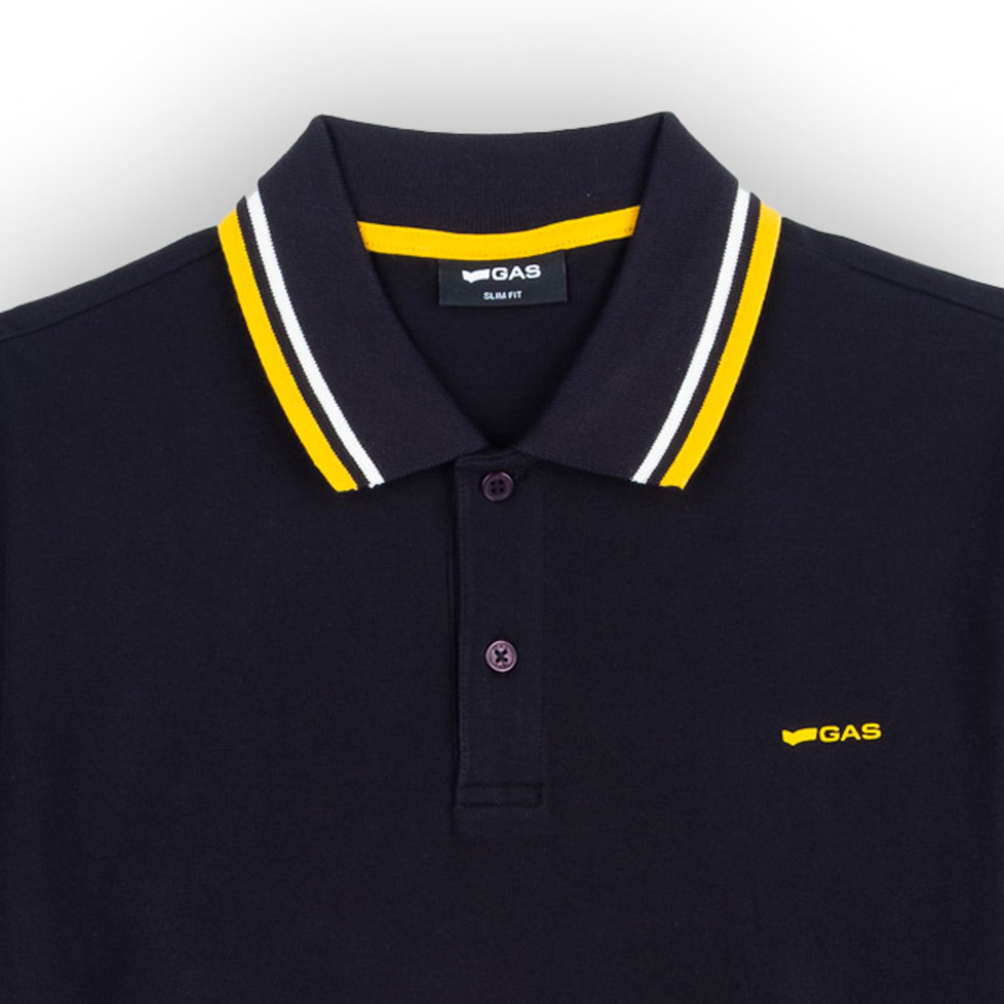Polo Homem GAS Azul Marinho com Detalhes Contrastantes Amarelos na Gola e Mangas