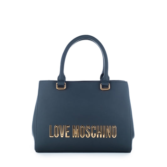 Bolsa Tote Love Moschino Azul com Logo Dourado e Alças Estruturadas