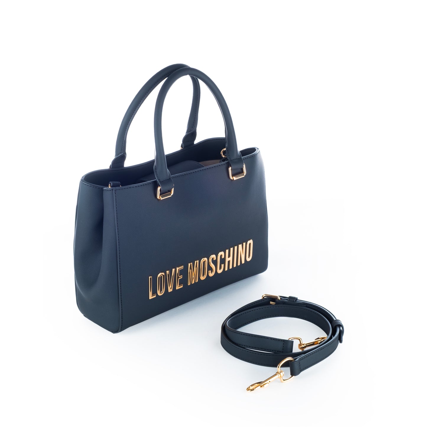 Bolsa Tote Love Moschino Azul com Logo Dourado e Alças Estruturadas