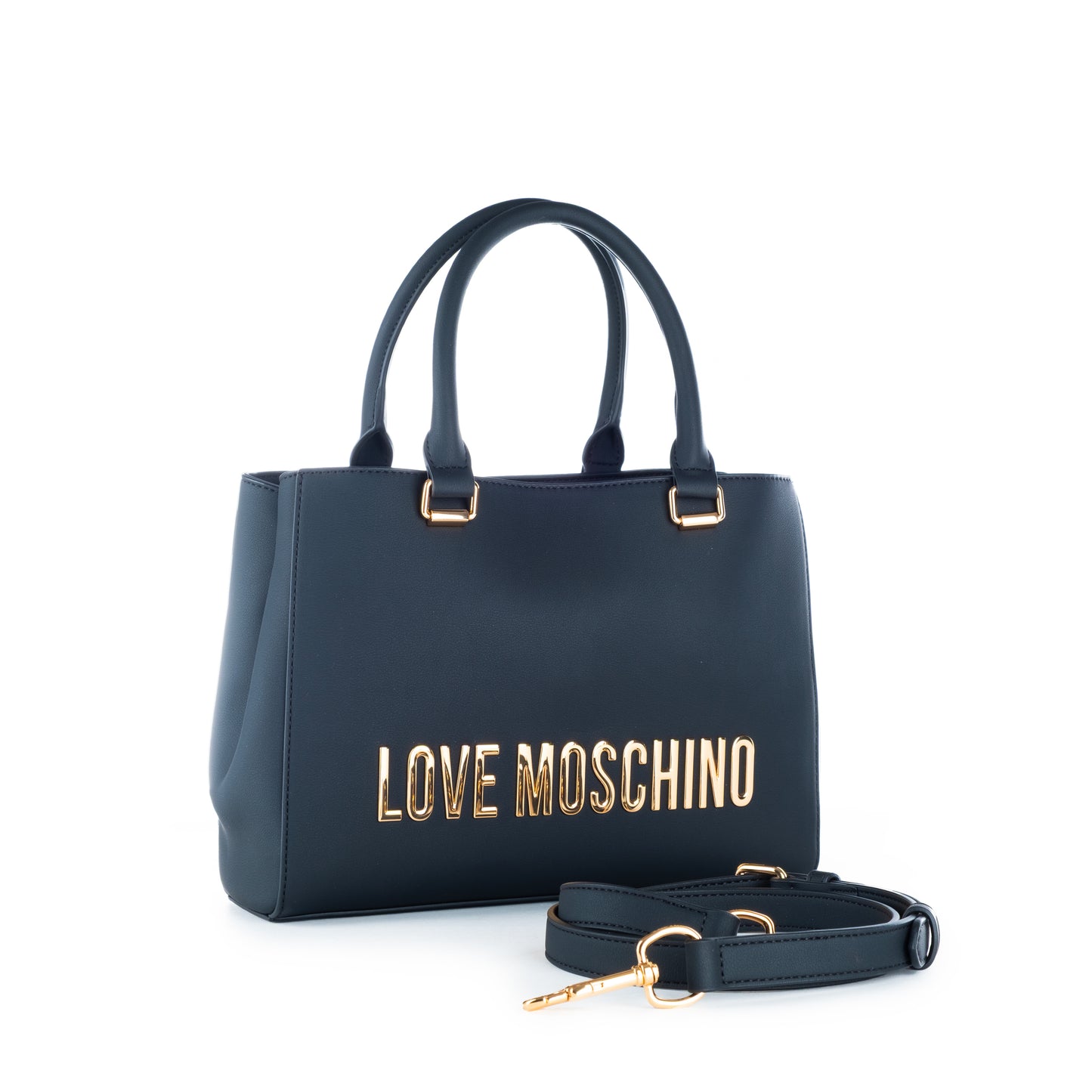 Bolsa Tote Love Moschino Azul com Logo Dourado e Alças Estruturadas