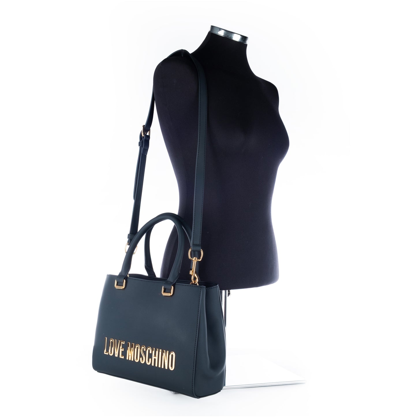 Bolsa Tote Love Moschino Azul com Logo Dourado e Alças Estruturadas