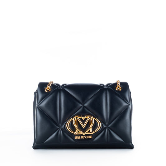 Bolsa Tiracolo Love Moschino Preta Matelassê com Logo Dourado e Alça Corrente