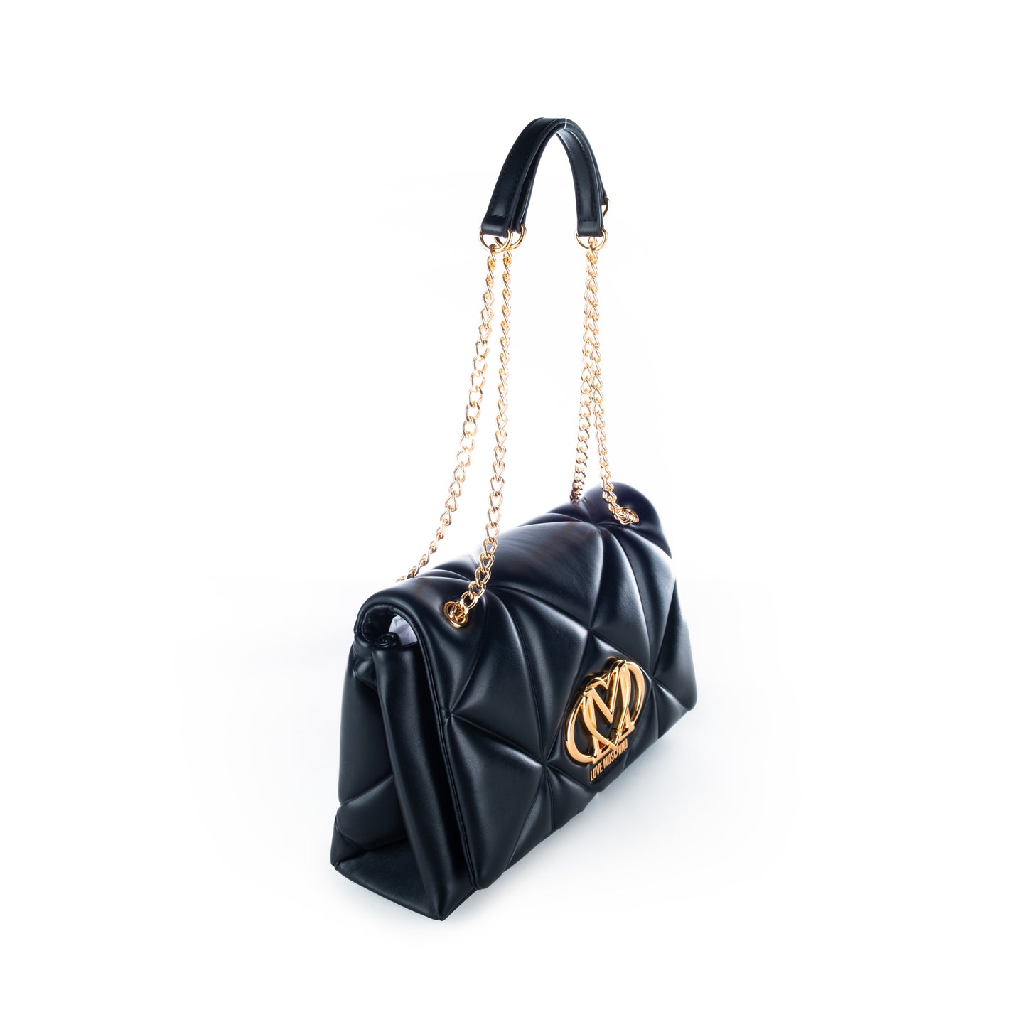 Bolsa Tiracolo Love Moschino Preta Matelassê com Logo Dourado e Alça Corrente