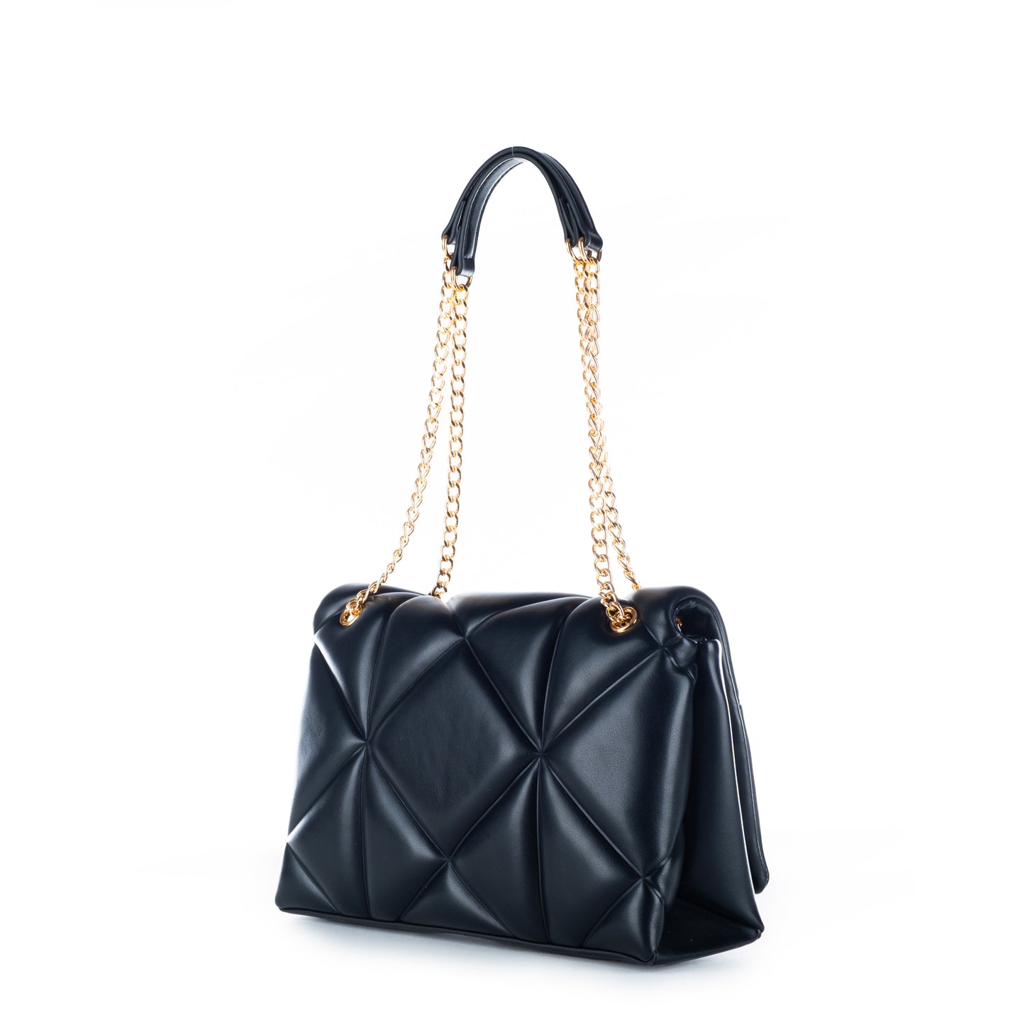 Bolsa Tiracolo Love Moschino Preta Matelassê com Logo Dourado e Alça Corrente