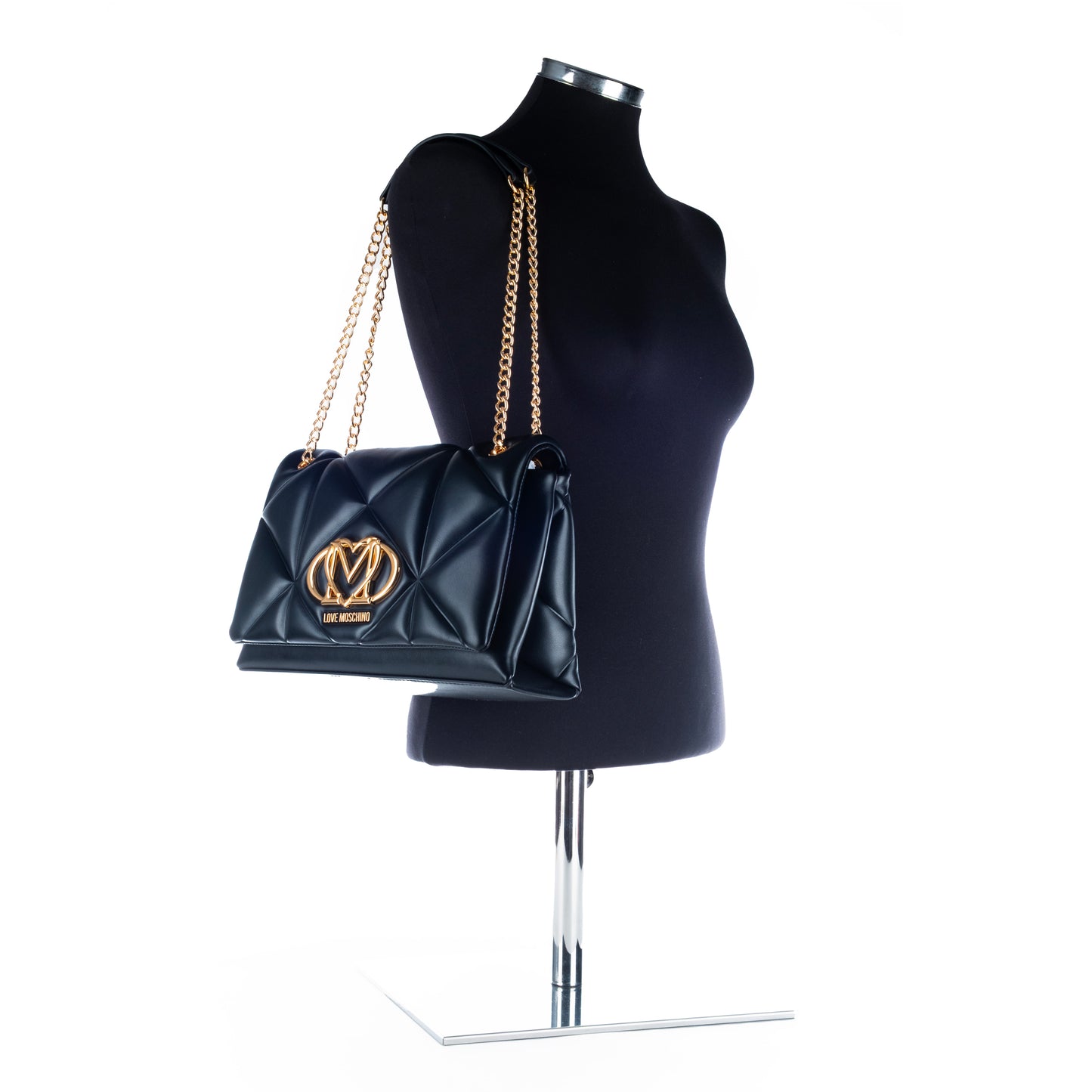 Bolsa Tiracolo Love Moschino Preta Matelassê com Logo Dourado e Alça Corrente