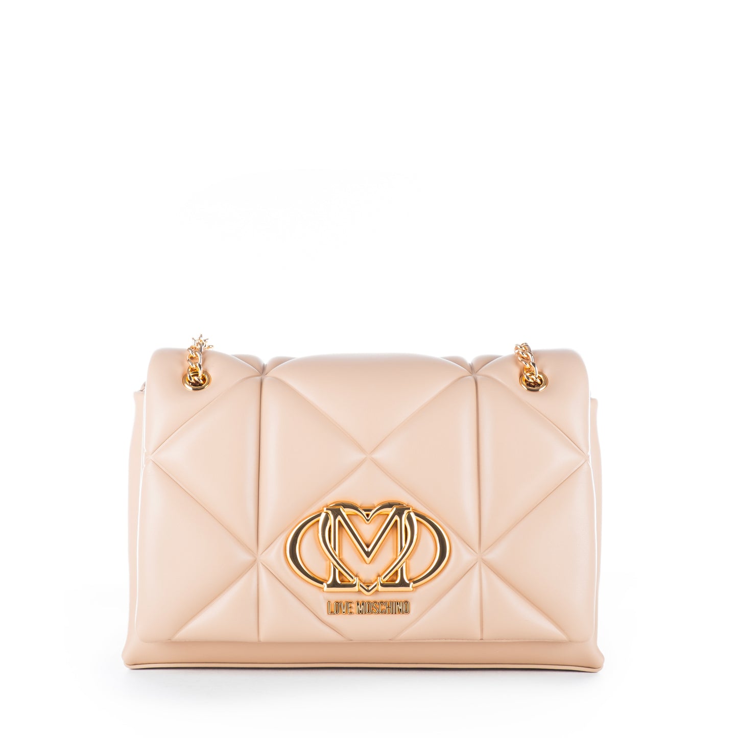 Bolsa Tiracolo Love Moschino Bege Matelassê com Logo Dourado e Alça Corrente