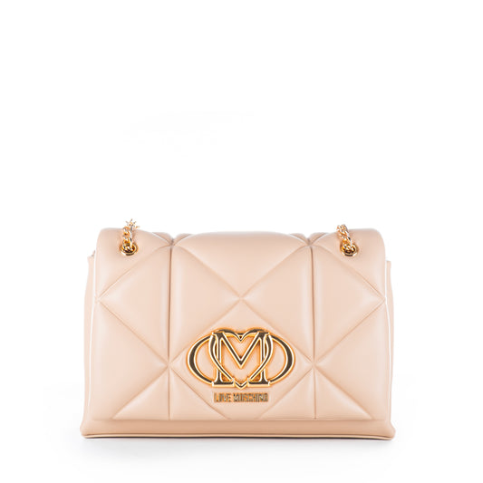 Bolsa Tiracolo Love Moschino Bege Matelassê com Logo Dourado e Alça Corrente
