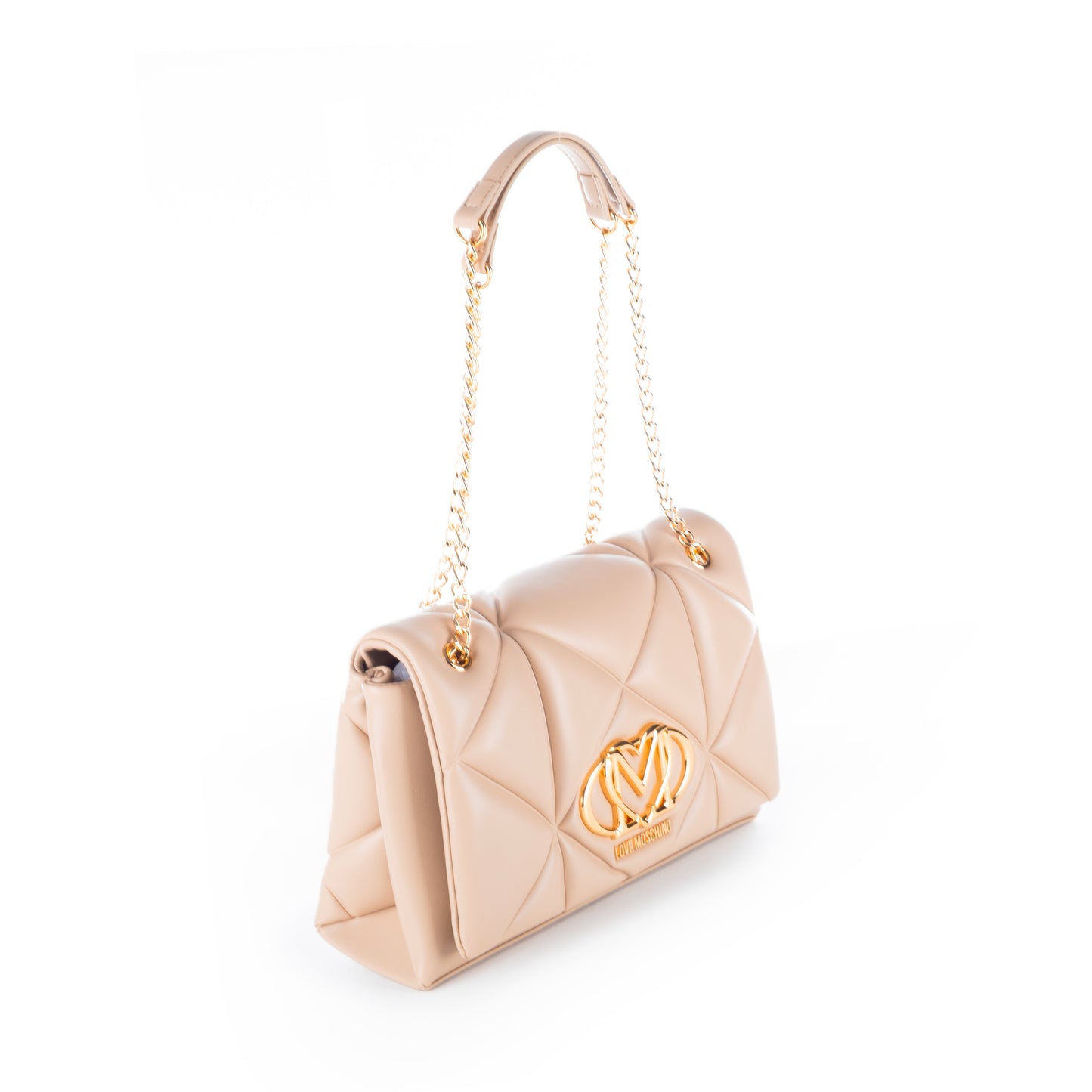 Bolsa Tiracolo Love Moschino Bege Matelassê com Logo Dourado e Alça Corrente