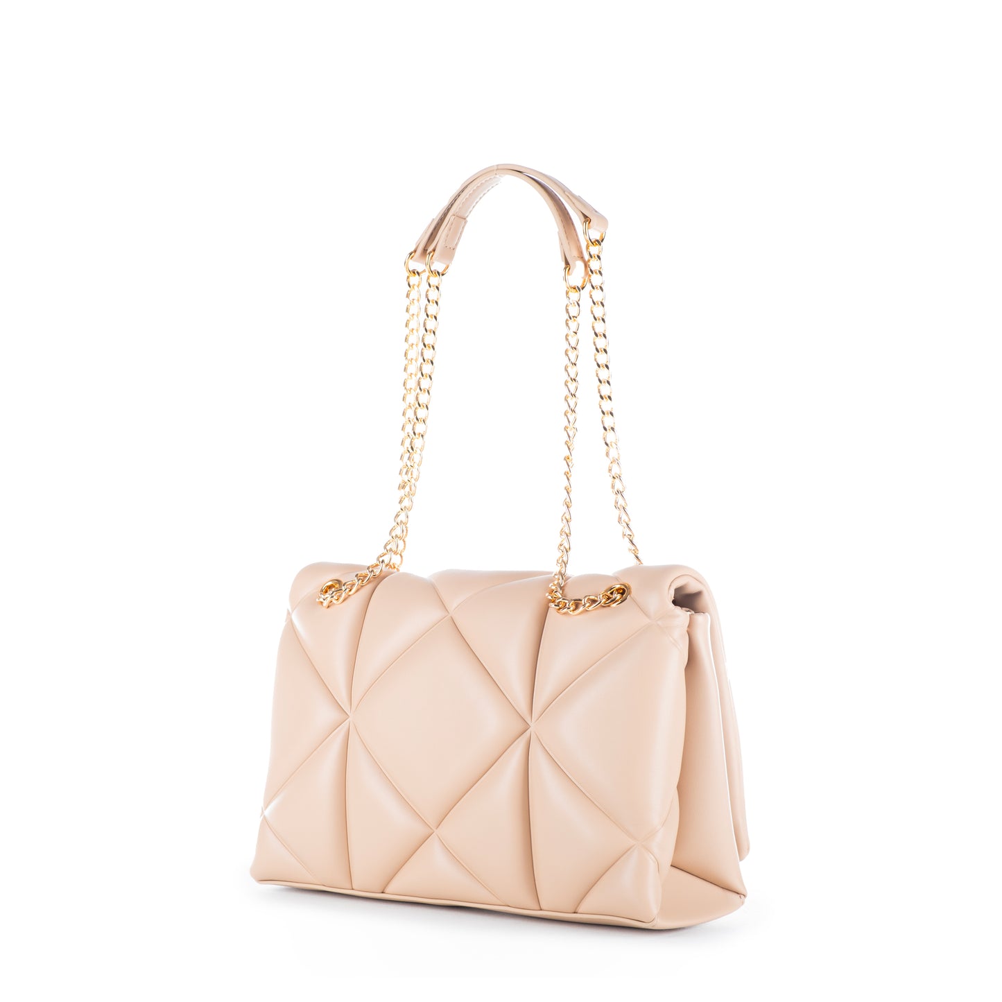 Bolsa Tiracolo Love Moschino Bege Matelassê com Logo Dourado e Alça Corrente