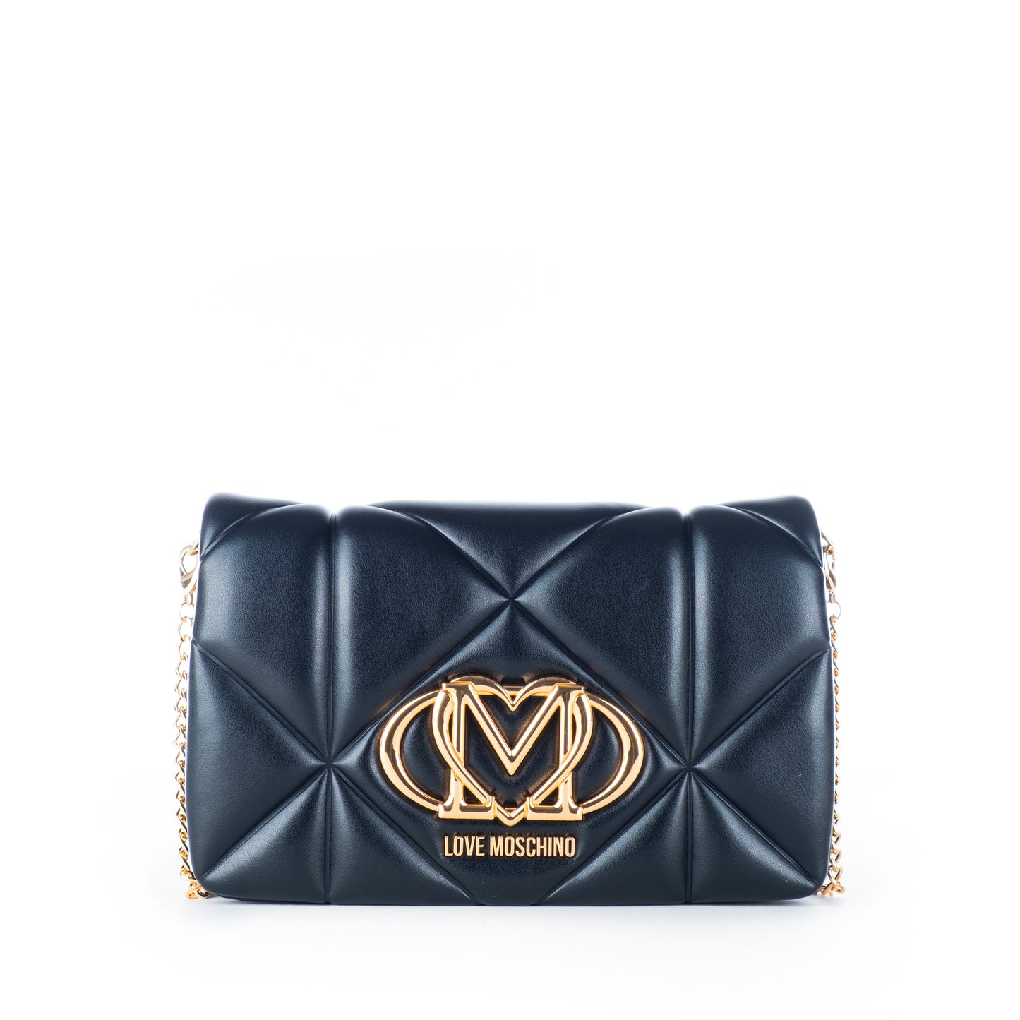 Bolsa Tiracolo Love Moschino Preta Matelassê com Logo Dourado e Alça Corrente Ajustável