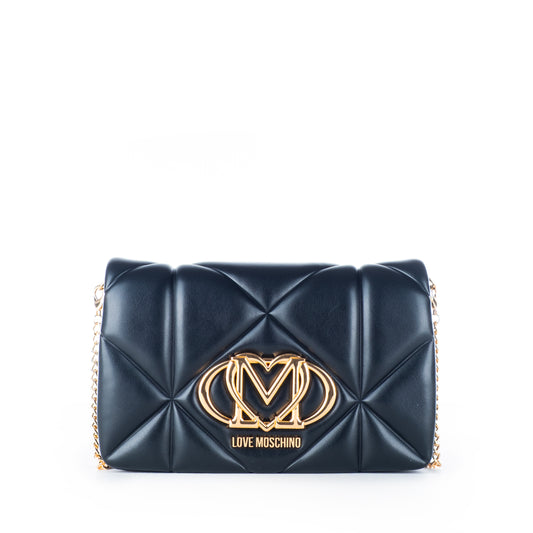 Bolsa Tiracolo Love Moschino Preta Matelassê com Logo Dourado e Alça Corrente Ajustável