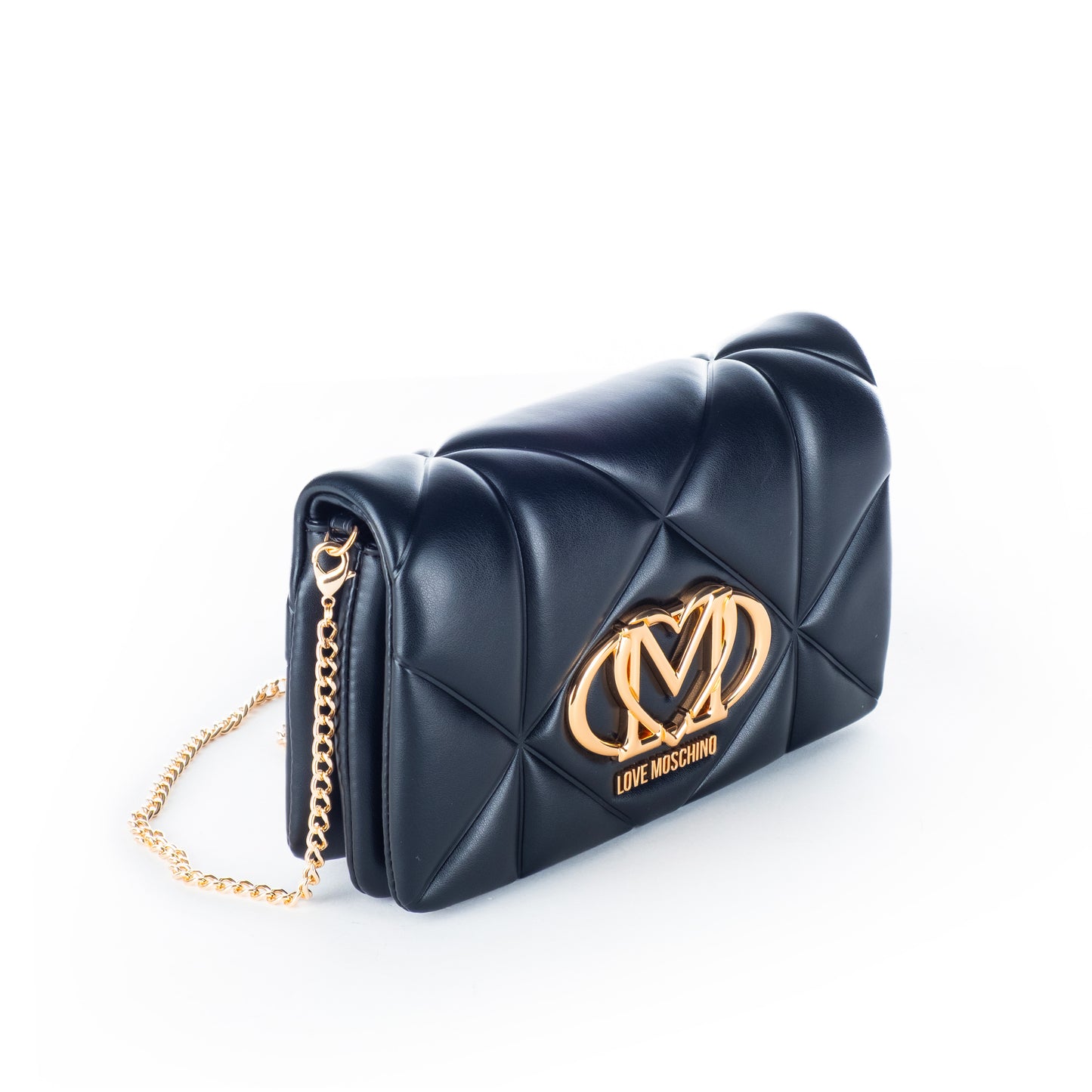 Bolsa Tiracolo Love Moschino Preta Matelassê com Logo Dourado e Alça Corrente Ajustável