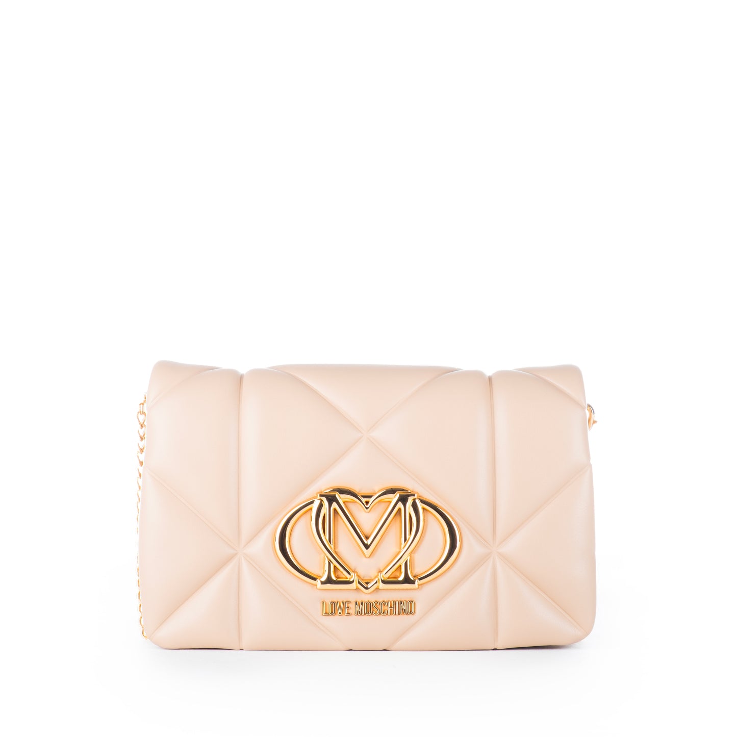 Bolsa Tiracolo Love Moschino Bege Matelassê com Logo Dourado e Alça Corrente Ajustável