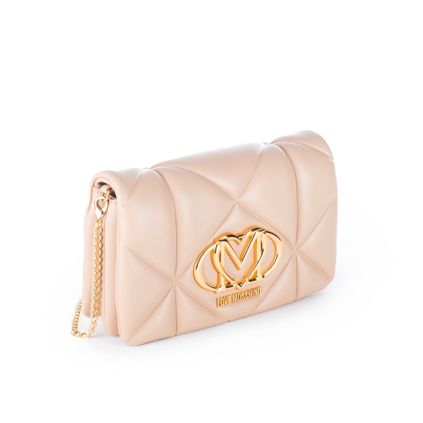 Bolsa Tiracolo Love Moschino Bege Matelassê com Logo Dourado e Alça Corrente Ajustável