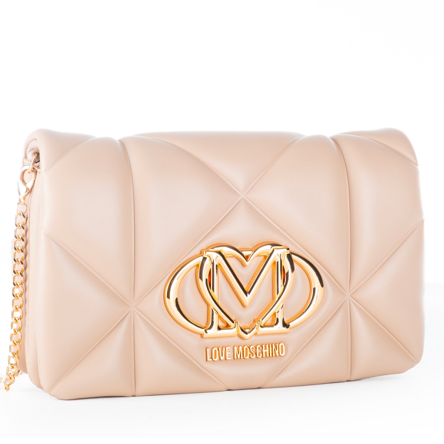Bolsa Tiracolo Love Moschino Bege Matelassê com Logo Dourado e Alça Corrente Ajustável