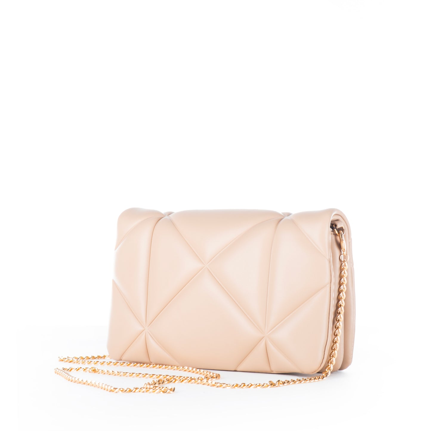 Bolsa Tiracolo Love Moschino Bege Matelassê com Logo Dourado e Alça Corrente Ajustável
