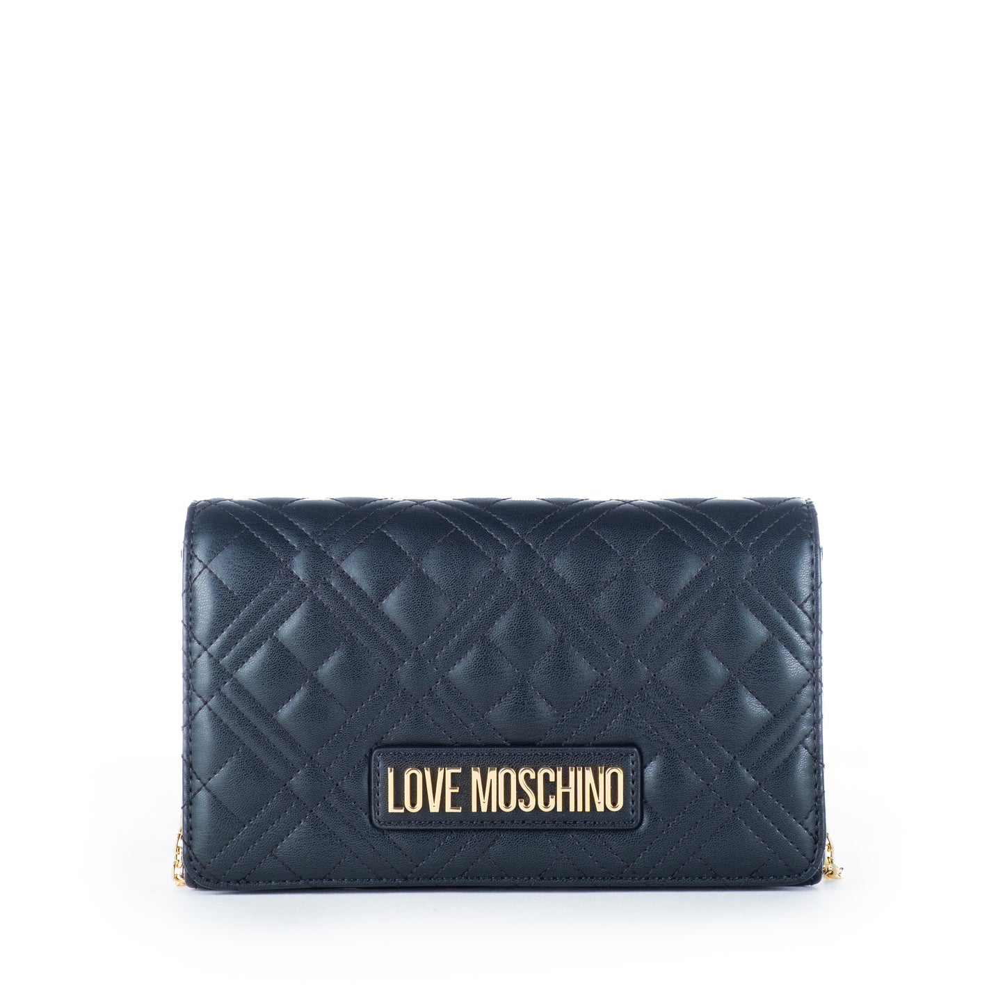 Bolsa Tiracolo Love Moschino Preta Matelassê com Logo Dourado e Alça Corrente