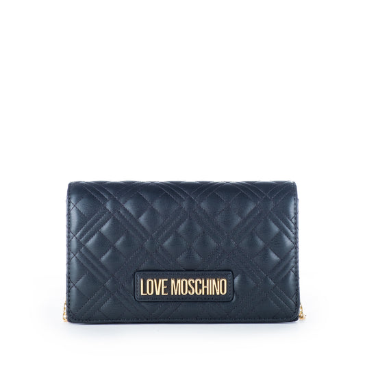 Bolsa Tiracolo Love Moschino Preta Matelassê com Logo Dourado e Alça Corrente