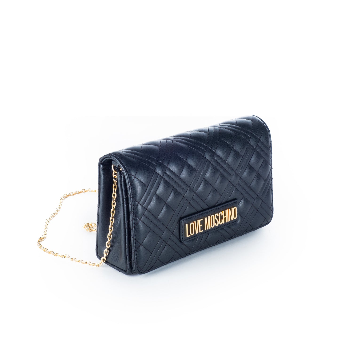 Bolsa Tiracolo Love Moschino Preta Matelassê com Logo Dourado e Alça Corrente