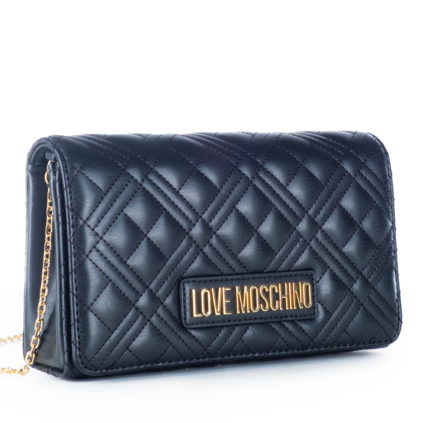 Bolsa Tiracolo Love Moschino Preta Matelassê com Logo Dourado e Alça Corrente