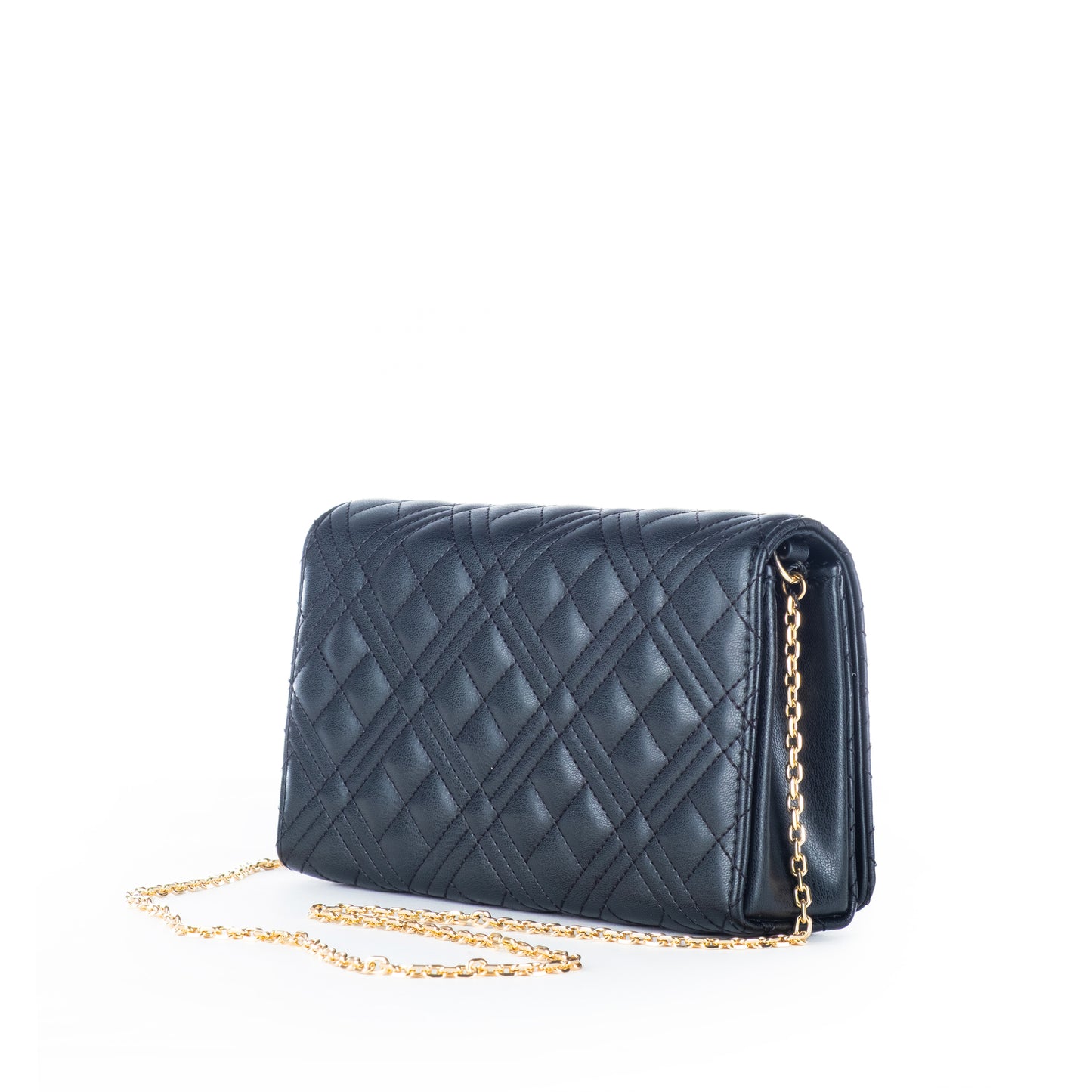 Bolsa Tiracolo Love Moschino Preta Matelassê com Logo Dourado e Alça Corrente