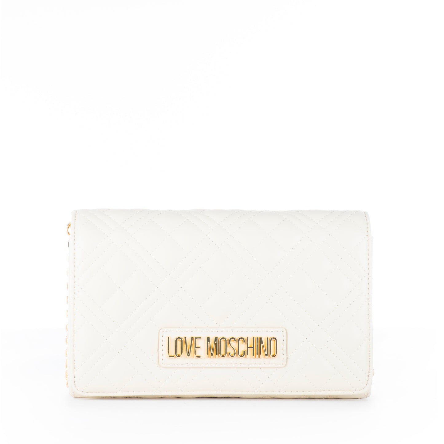 Bolsa Tiracolo Love Moschino Branca Matelassê com Logo Dourado e Alça Corrente