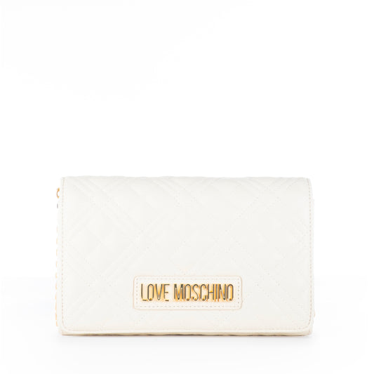 Bolsa Tiracolo Love Moschino Branca Matelassê com Logo Dourado e Alça Corrente