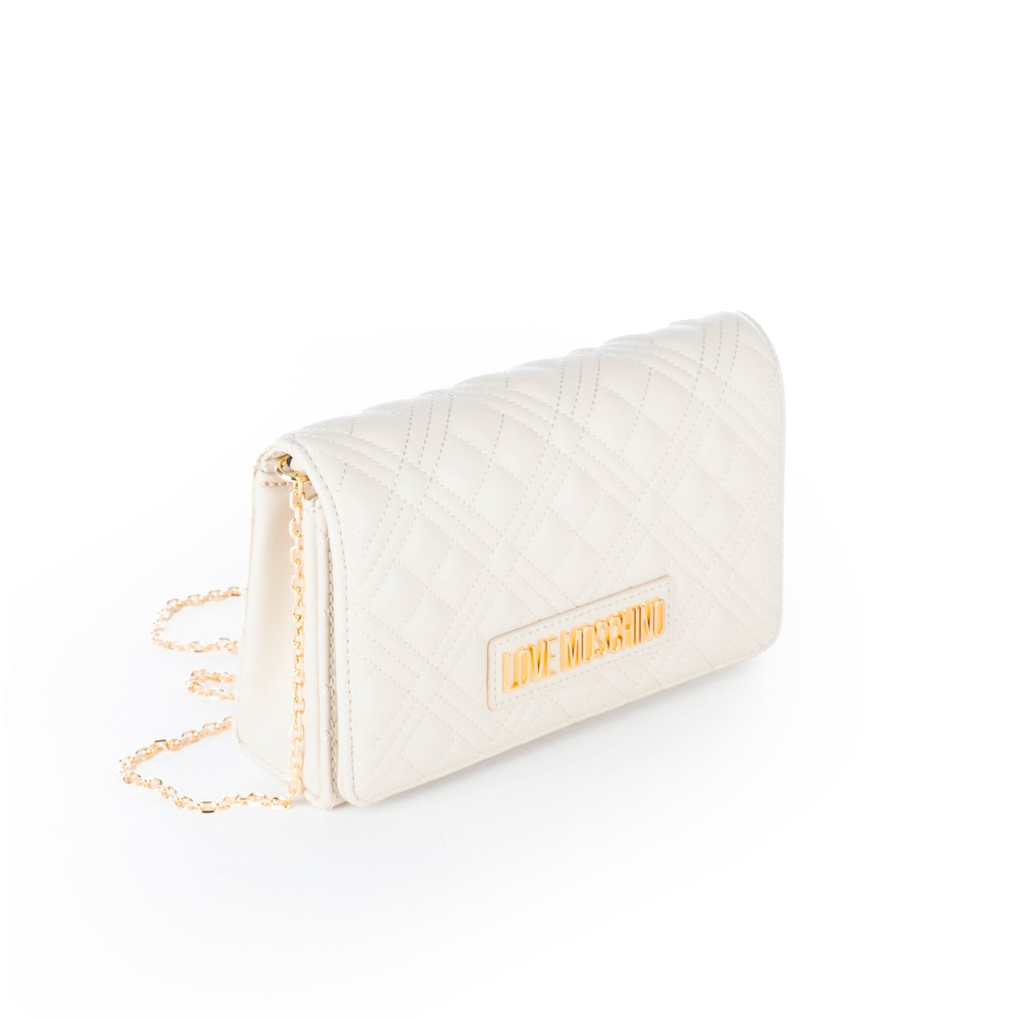 Bolsa Tiracolo Love Moschino Branca Matelassê com Logo Dourado e Alça Corrente
