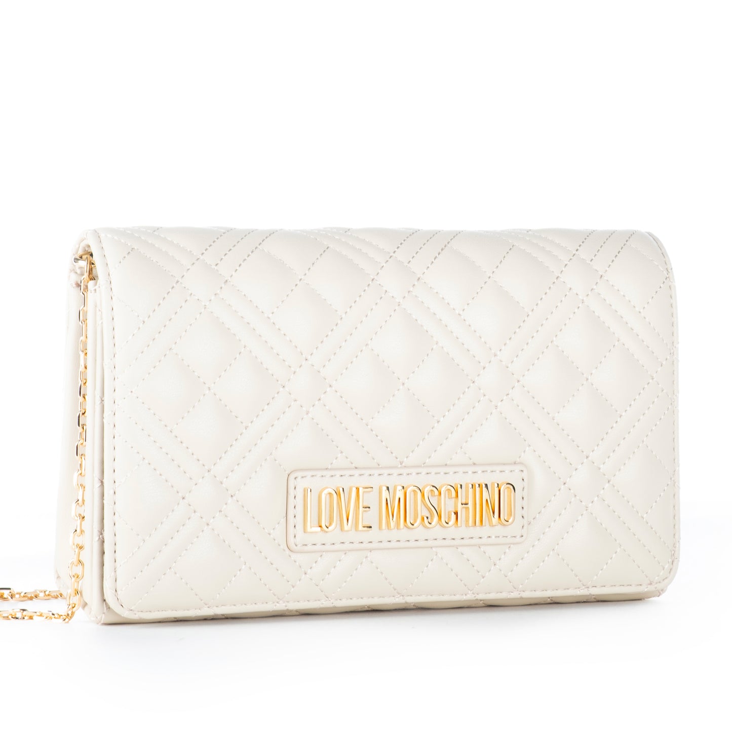 Bolsa Tiracolo Love Moschino Branca Matelassê com Logo Dourado e Alça Corrente