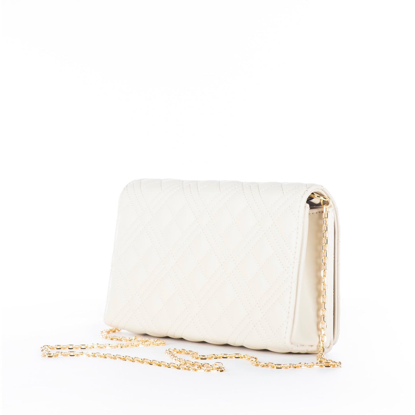 Bolsa Tiracolo Love Moschino Branca Matelassê com Logo Dourado e Alça Corrente