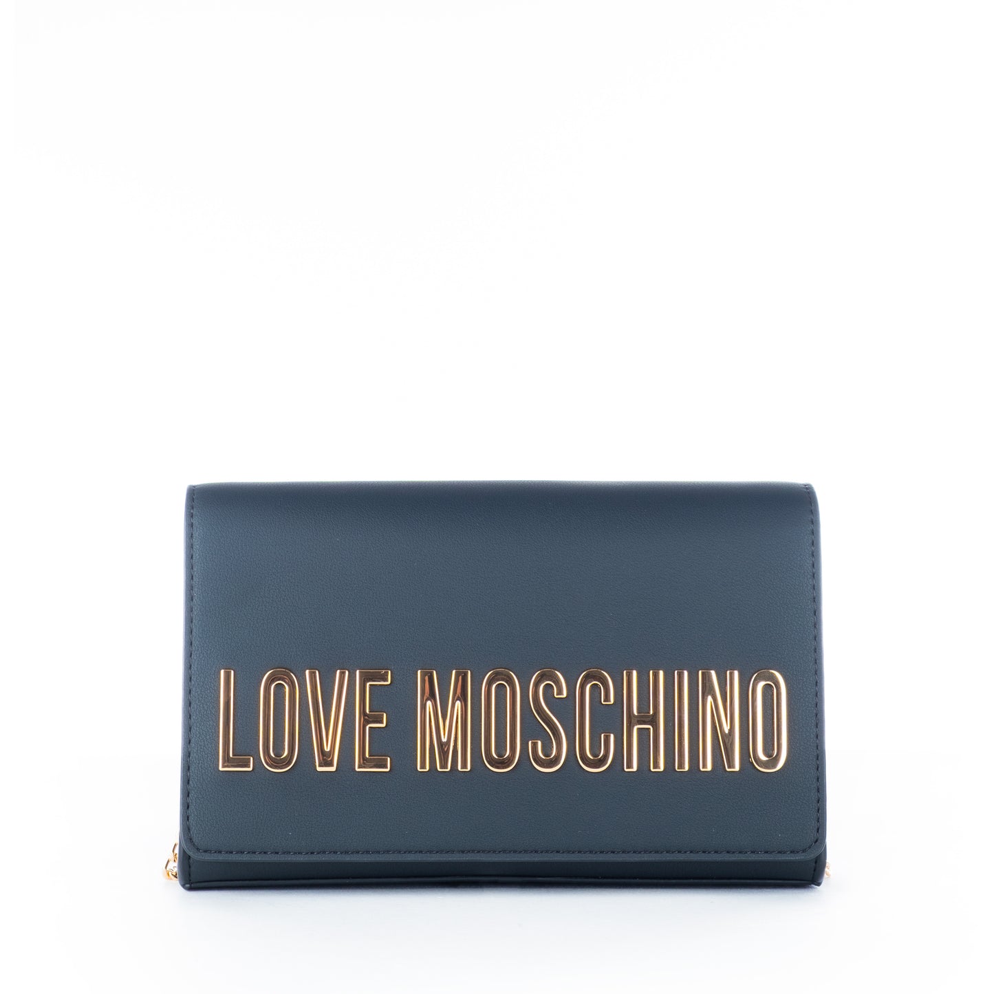 Bolsa Tiracolo Love Moschino Preta com Logo Dourado e Alça Corrente