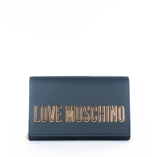 Bolsa Tiracolo Love Moschino Preta com Logo Dourado e Alça Corrente
