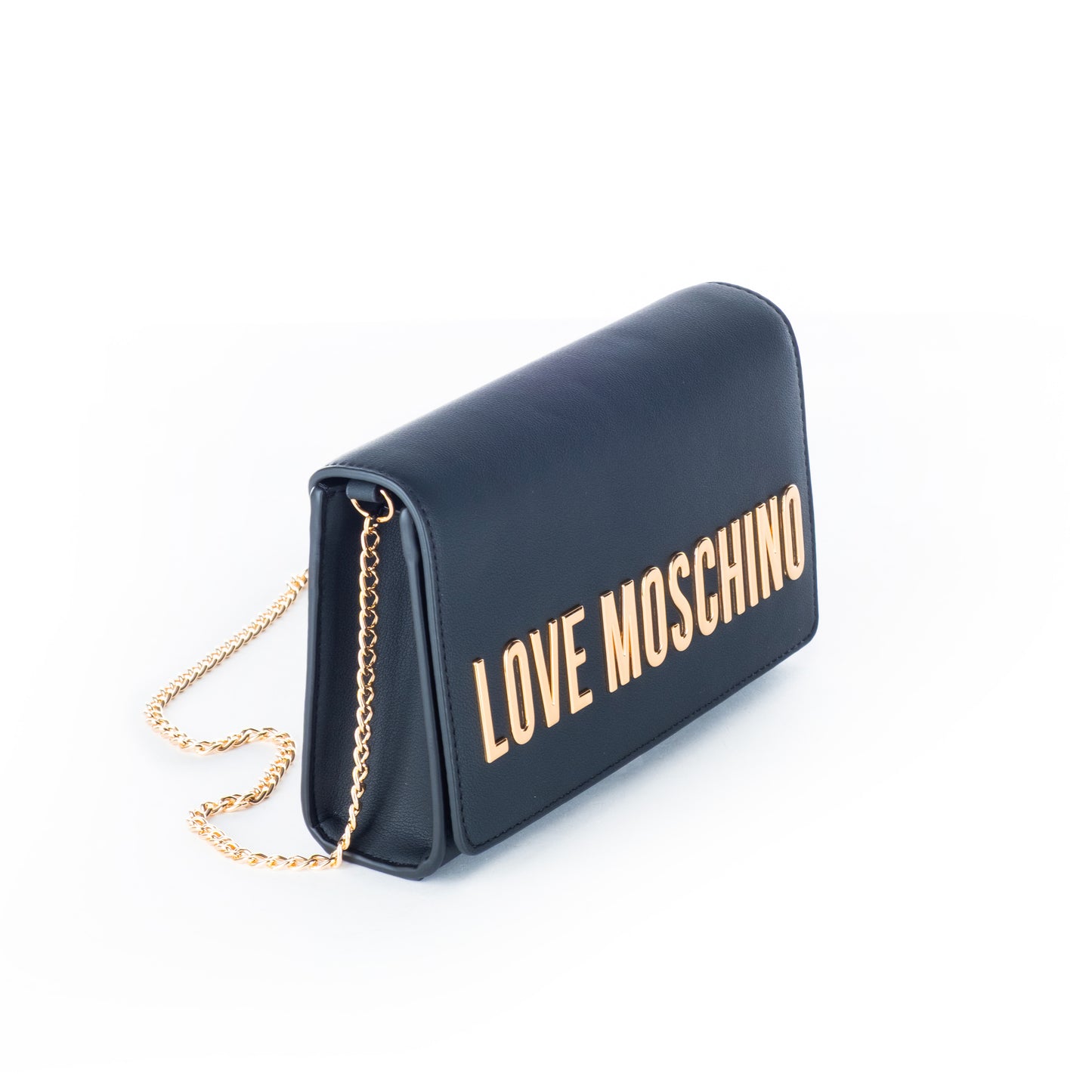 Bolsa Tiracolo Love Moschino Preta com Logo Dourado e Alça Corrente