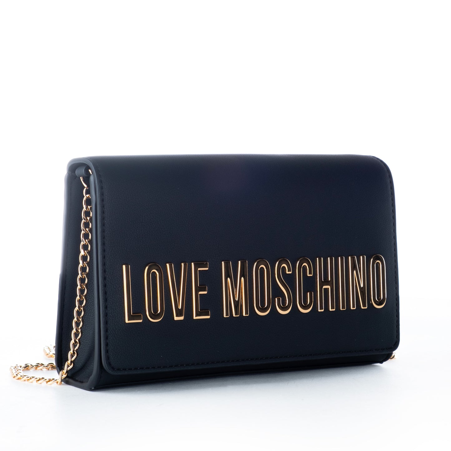 Bolsa Tiracolo Love Moschino Preta com Logo Dourado e Alça Corrente