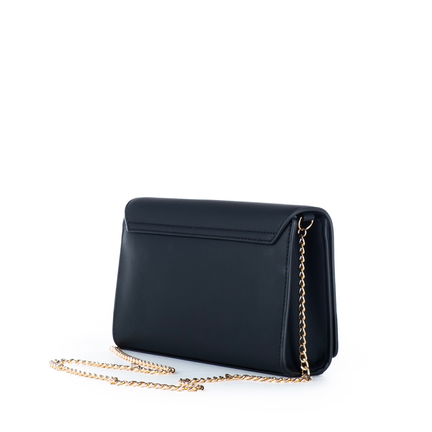 Bolsa Tiracolo Love Moschino Preta com Logo Dourado e Alça Corrente