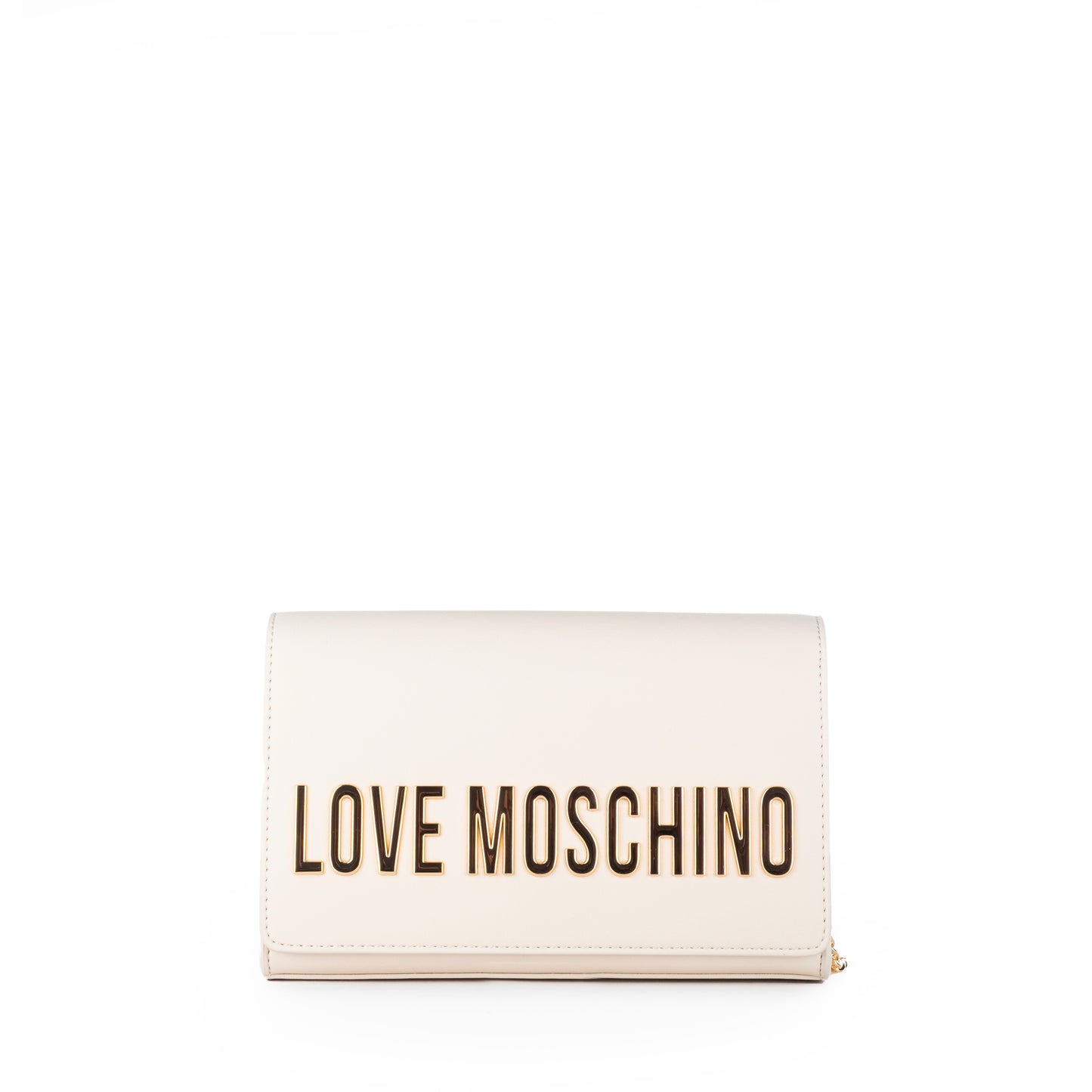 Bolsa Tiracolo Love Moschino Bege com Logo Dourado e Alça Corrente