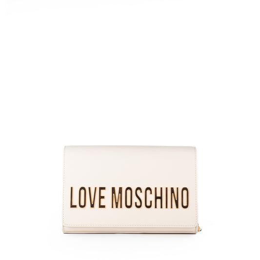 Bolsa Tiracolo Love Moschino Bege com Logo Dourado e Alça Corrente