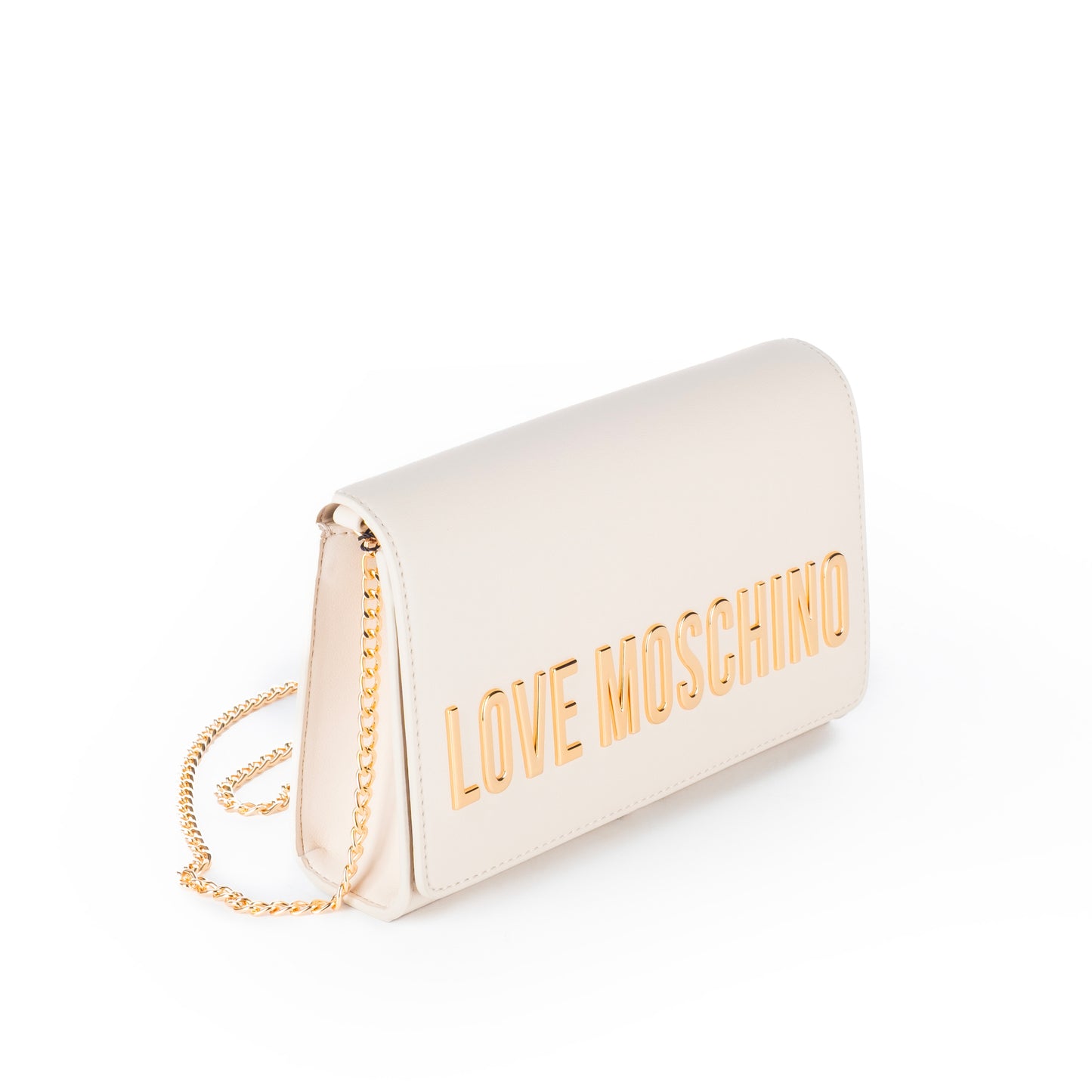 Bolsa Tiracolo Love Moschino Bege com Logo Dourado e Alça Corrente
