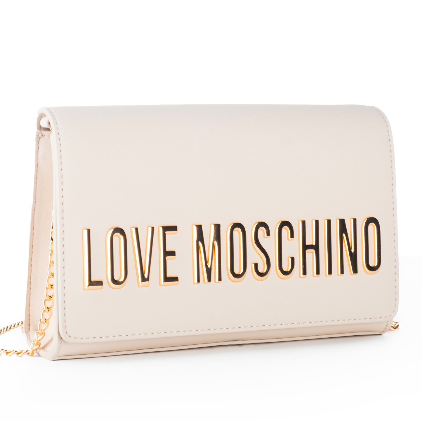 Bolsa Tiracolo Love Moschino Bege com Logo Dourado e Alça Corrente