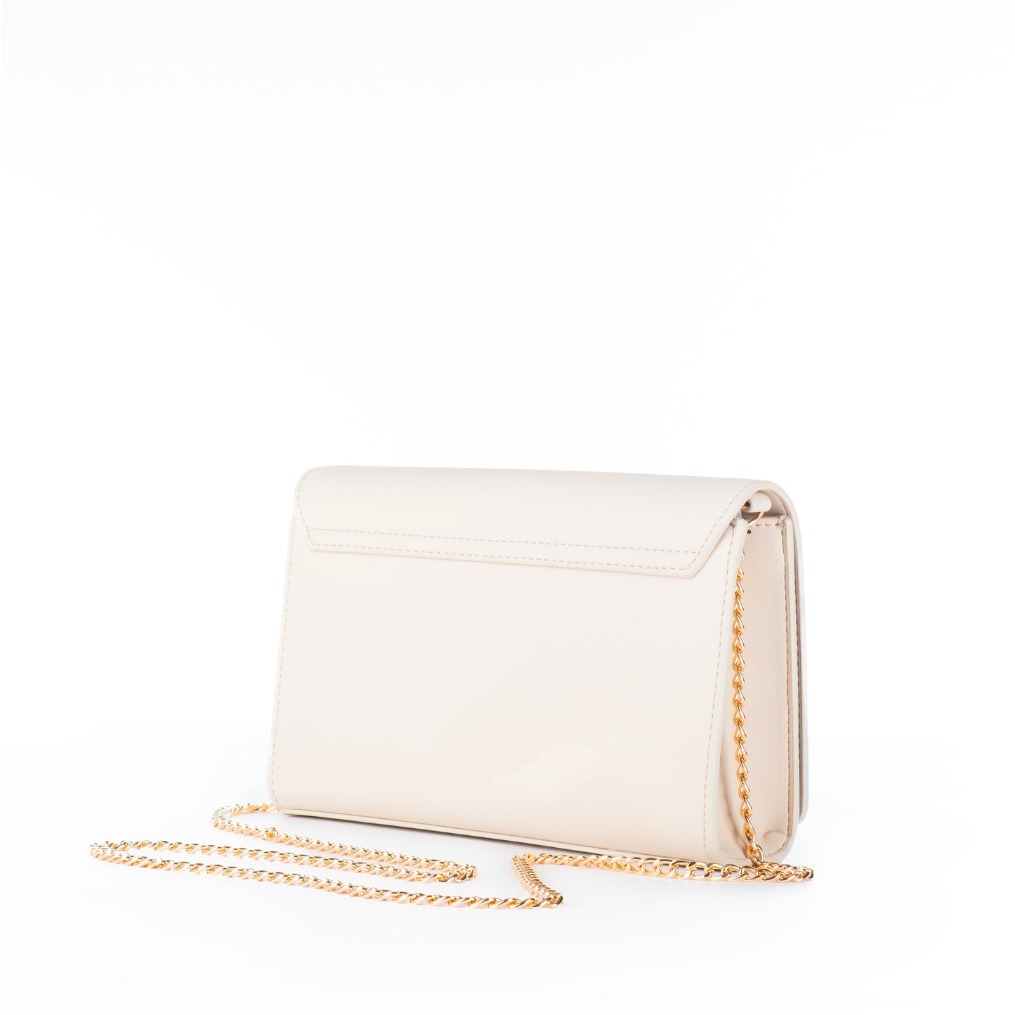 Bolsa Tiracolo Love Moschino Bege com Logo Dourado e Alça Corrente
