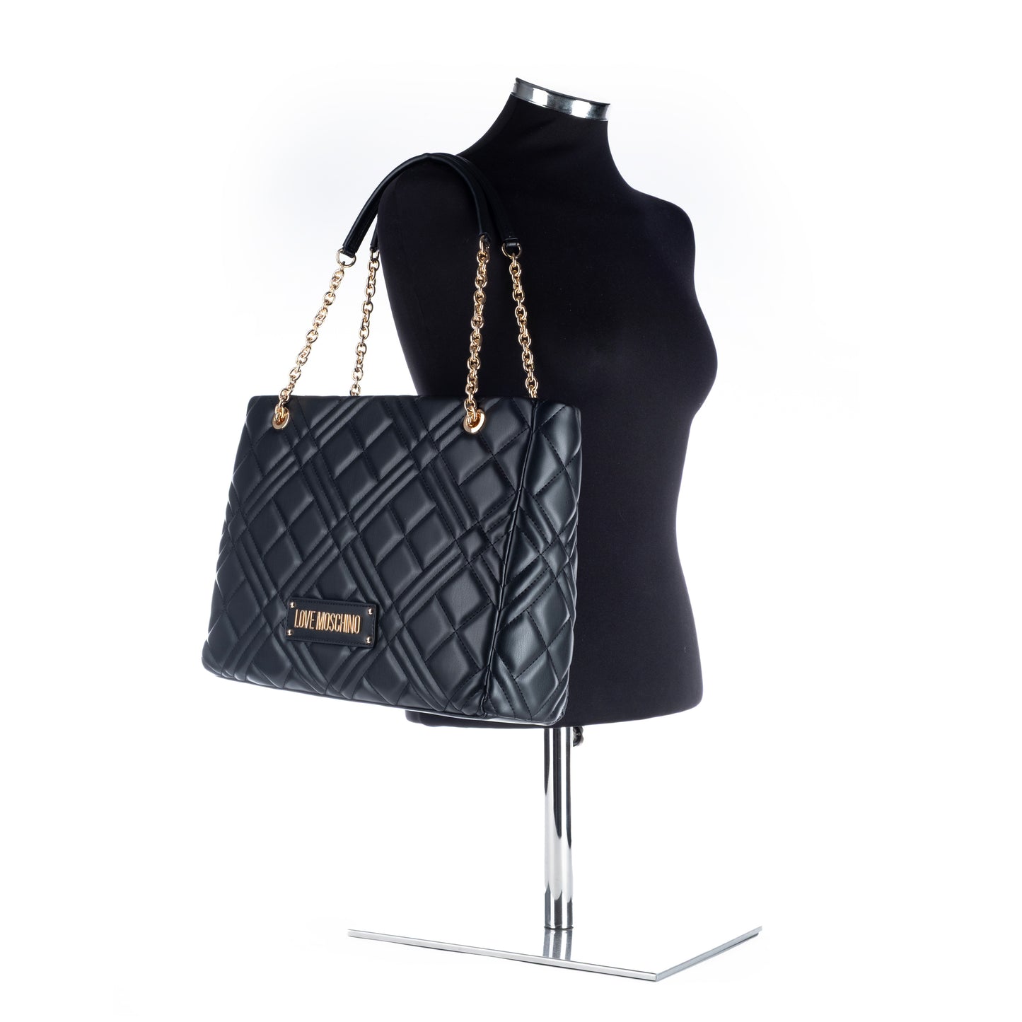 Bolsa de Ombro Love Moschino Preta com Detalhes Dourados