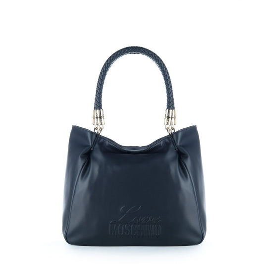 Bolsa de Ombro Love Moschino Preta com Alça Entrançada e Detalhes Dourados