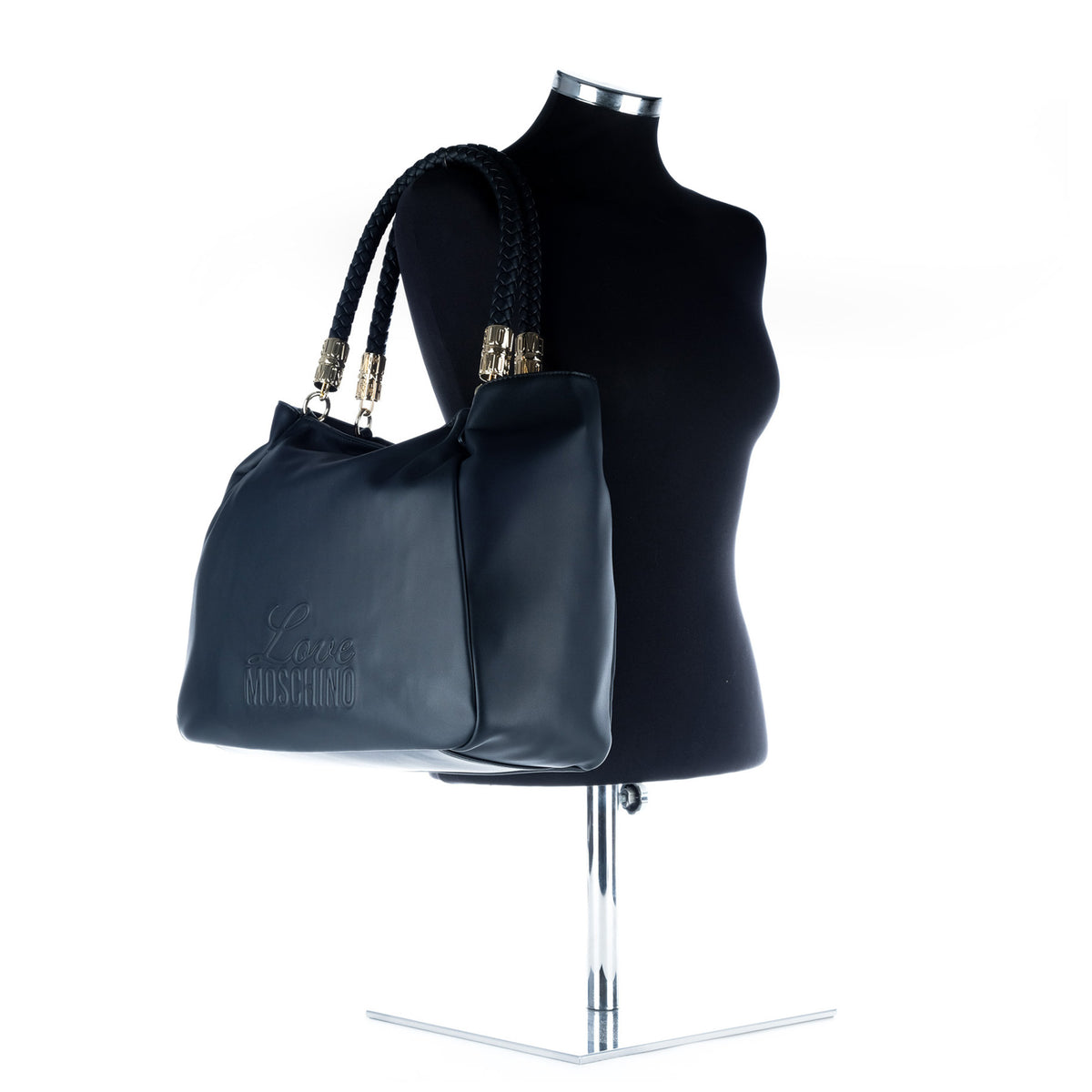 Bolsa de Ombro Love Moschino Preta com Alça Entrançada e Detalhes Dourados