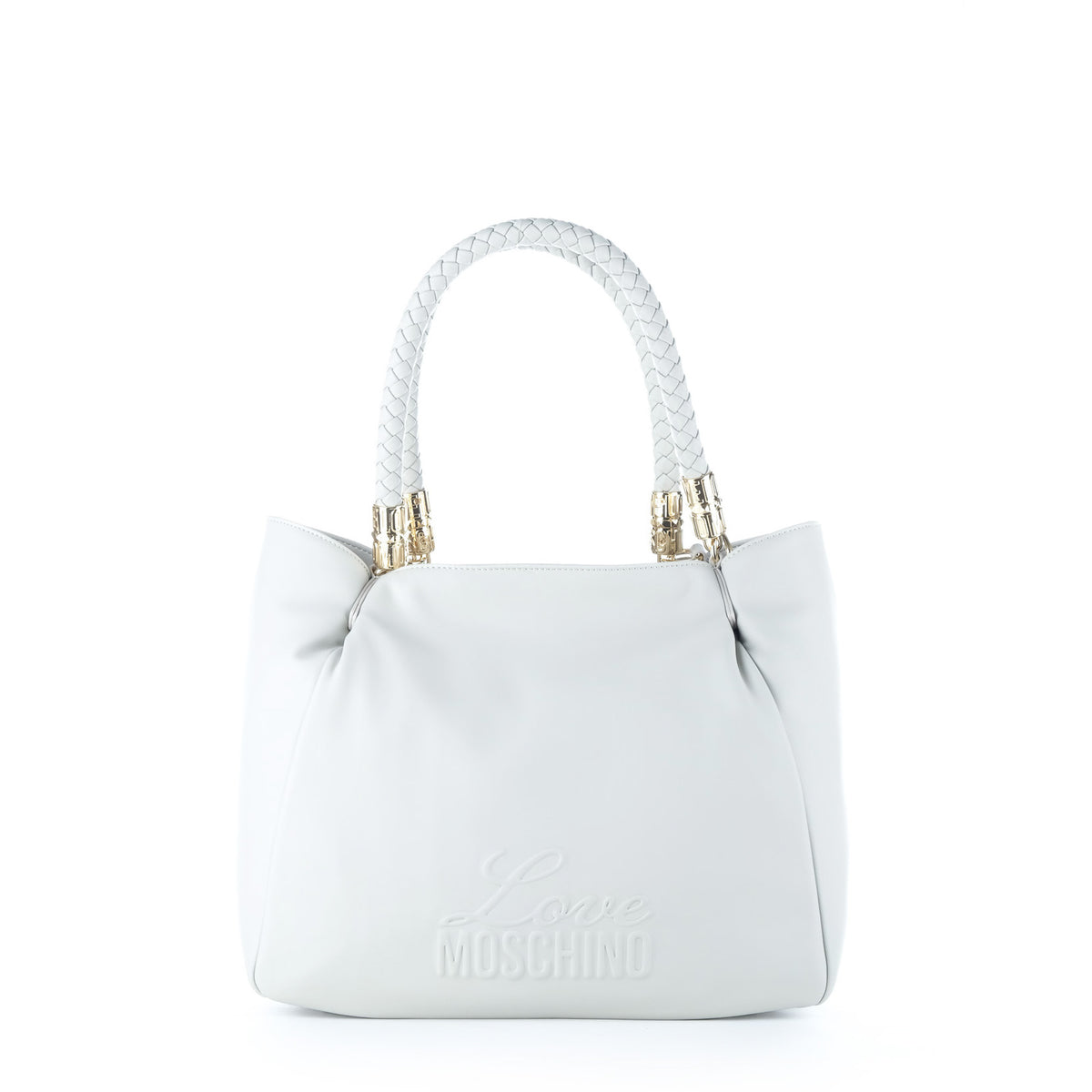Bolsa de Ombro Love Moschino Branca com Alça Entrançada e Detalhes Dourados