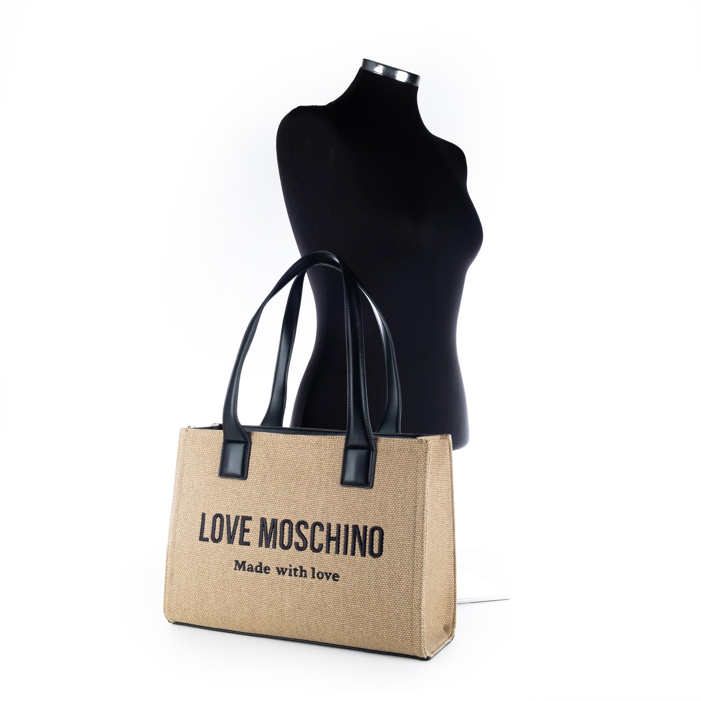 Bolsa Tote Love Moschino Bege Matelassê com Logo e Alças Pretas