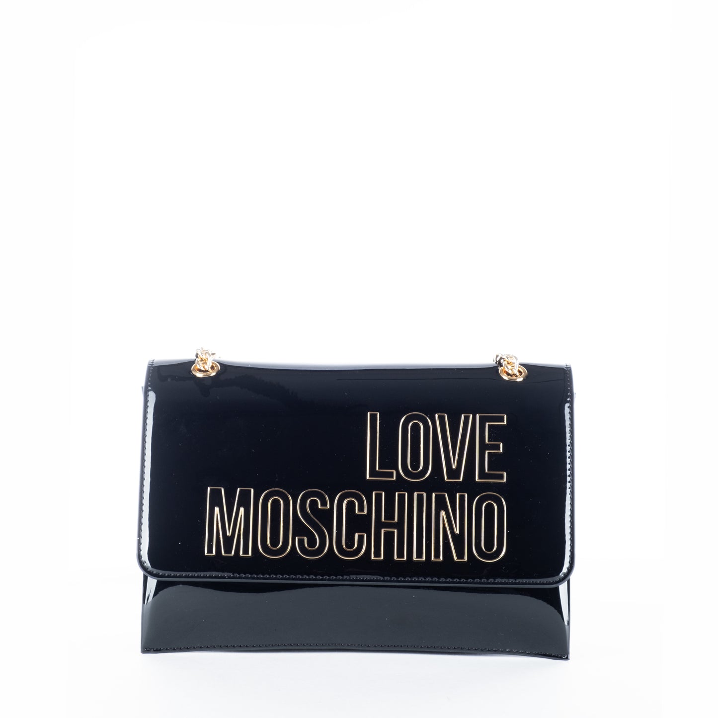 Bolsa Tiracolo Love Moschino Preta com Logo Dourado e Acabamento Brilhante
