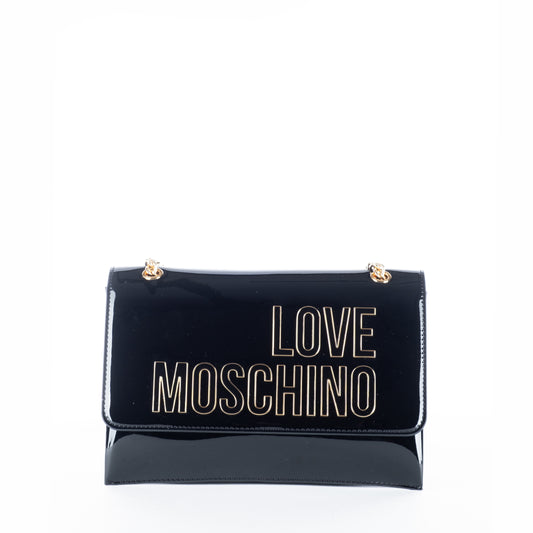 Bolsa Tiracolo Love Moschino Preta com Logo Dourado e Acabamento Brilhante
