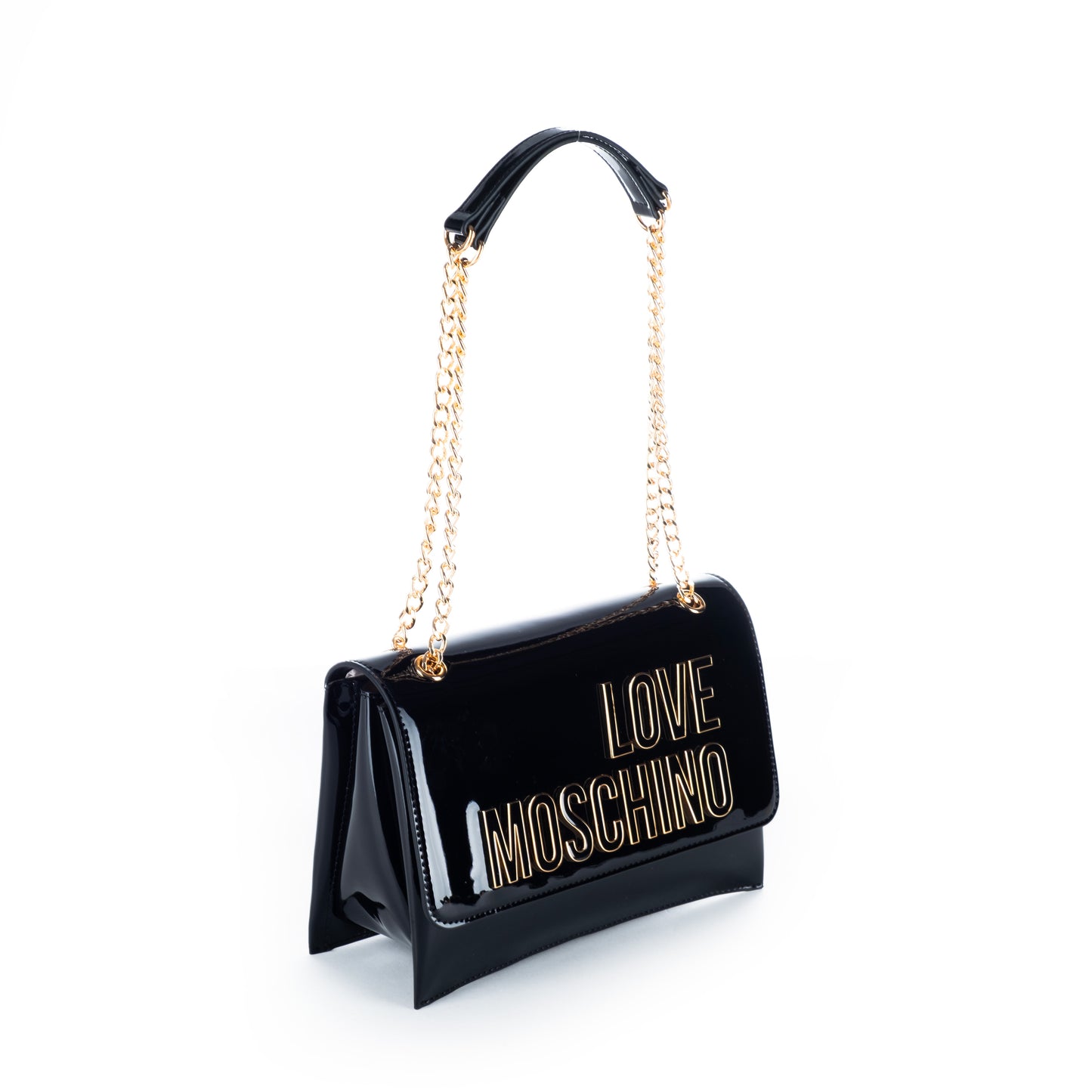Bolsa Tiracolo Love Moschino Preta com Logo Dourado e Acabamento Brilhante